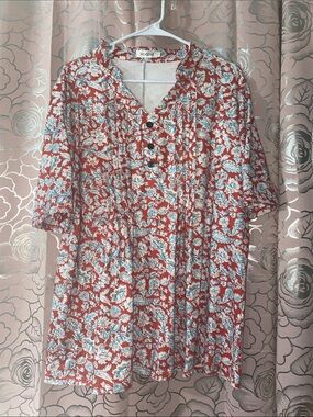 Hocosit Floral Pintuck Tunic Blouse Short Sleeve Brick Red Boho Top XL